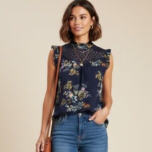 Lily White Navy Floral Crochet Yoke Ruffle Blouse Size S